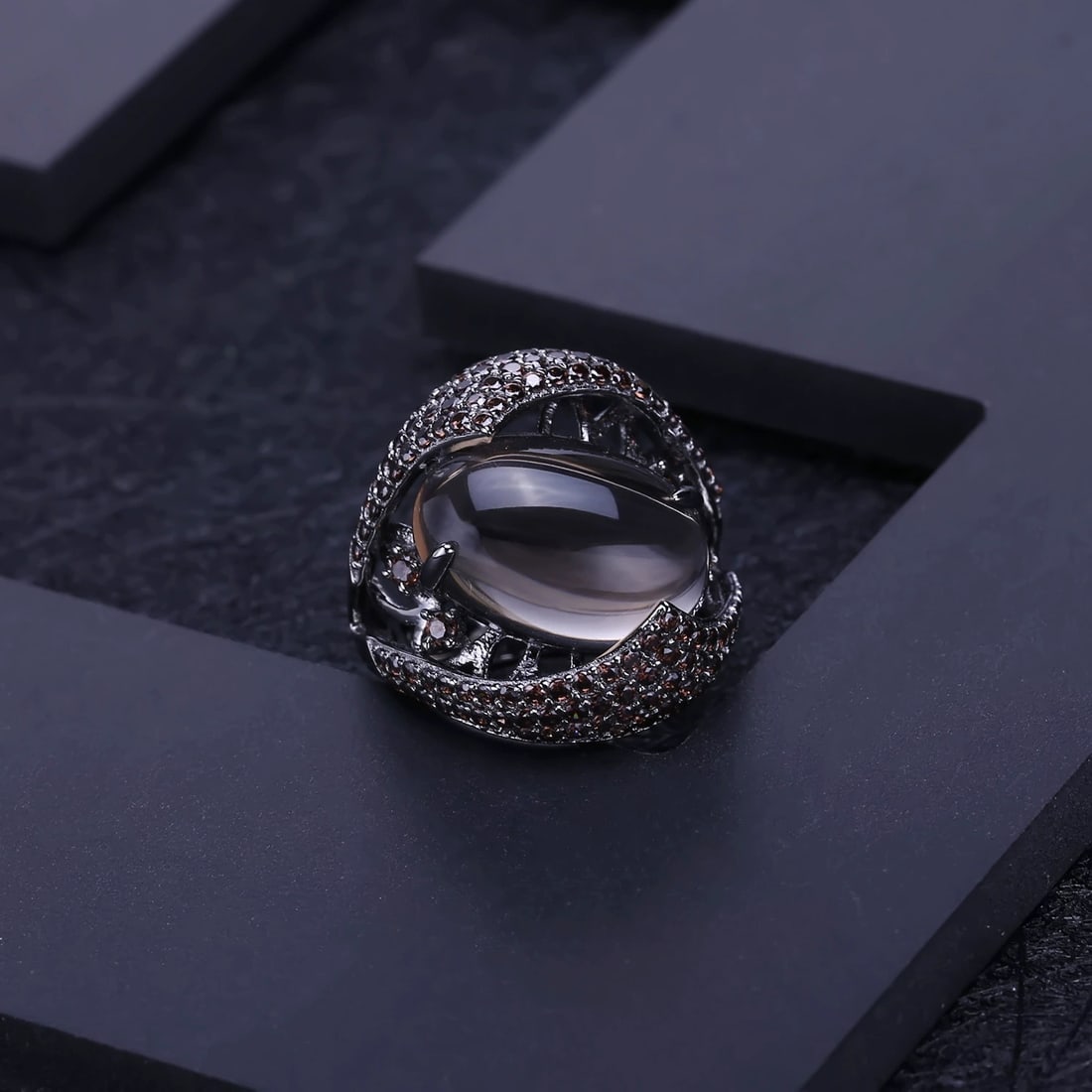 925 Sterling Silver Natural Smoky?Quartz & Smoky Cubic Zirconia Ring - 4