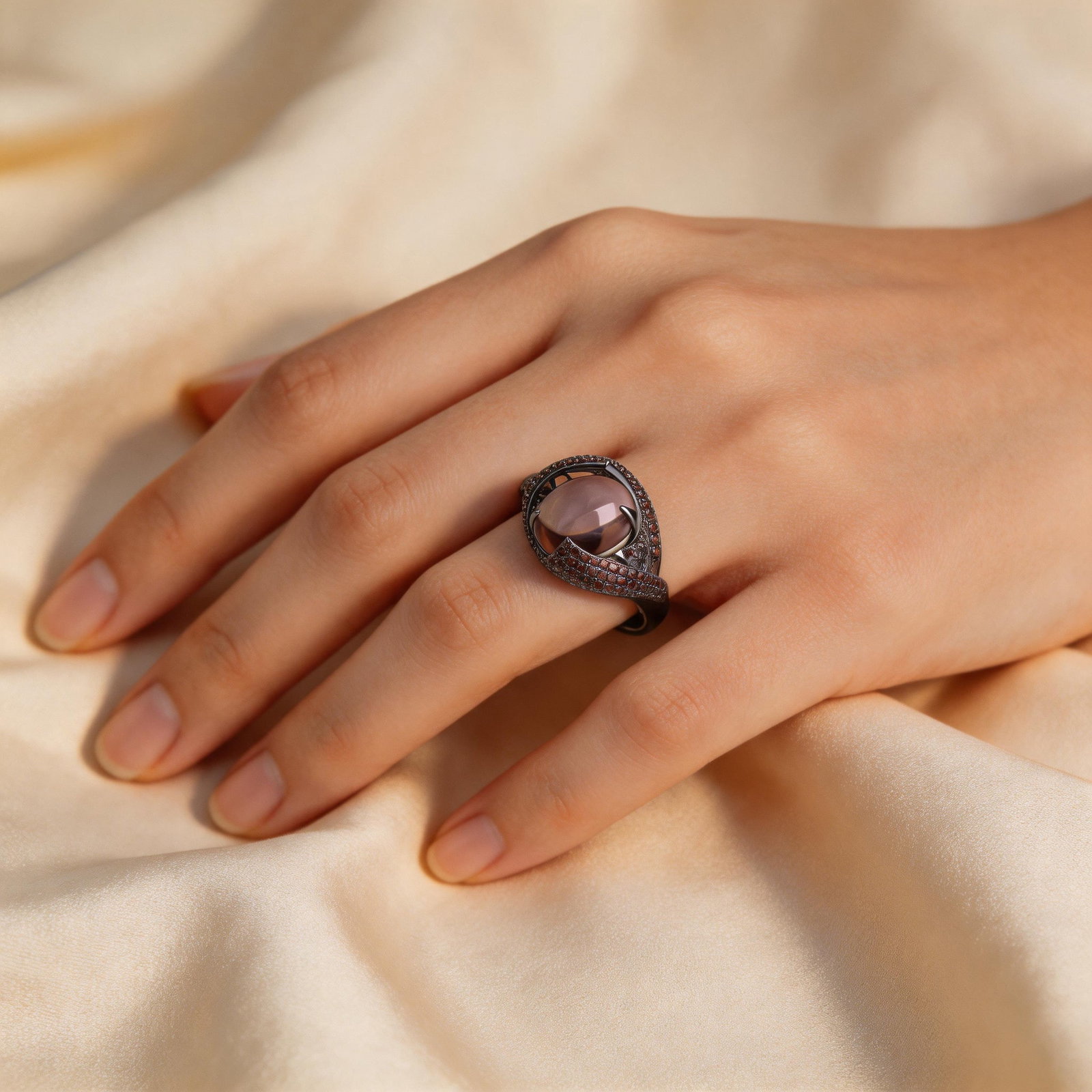 925 Sterling Silver Natural Smoky?Quartz & Smoky Cubic Zirconia Ring - 6