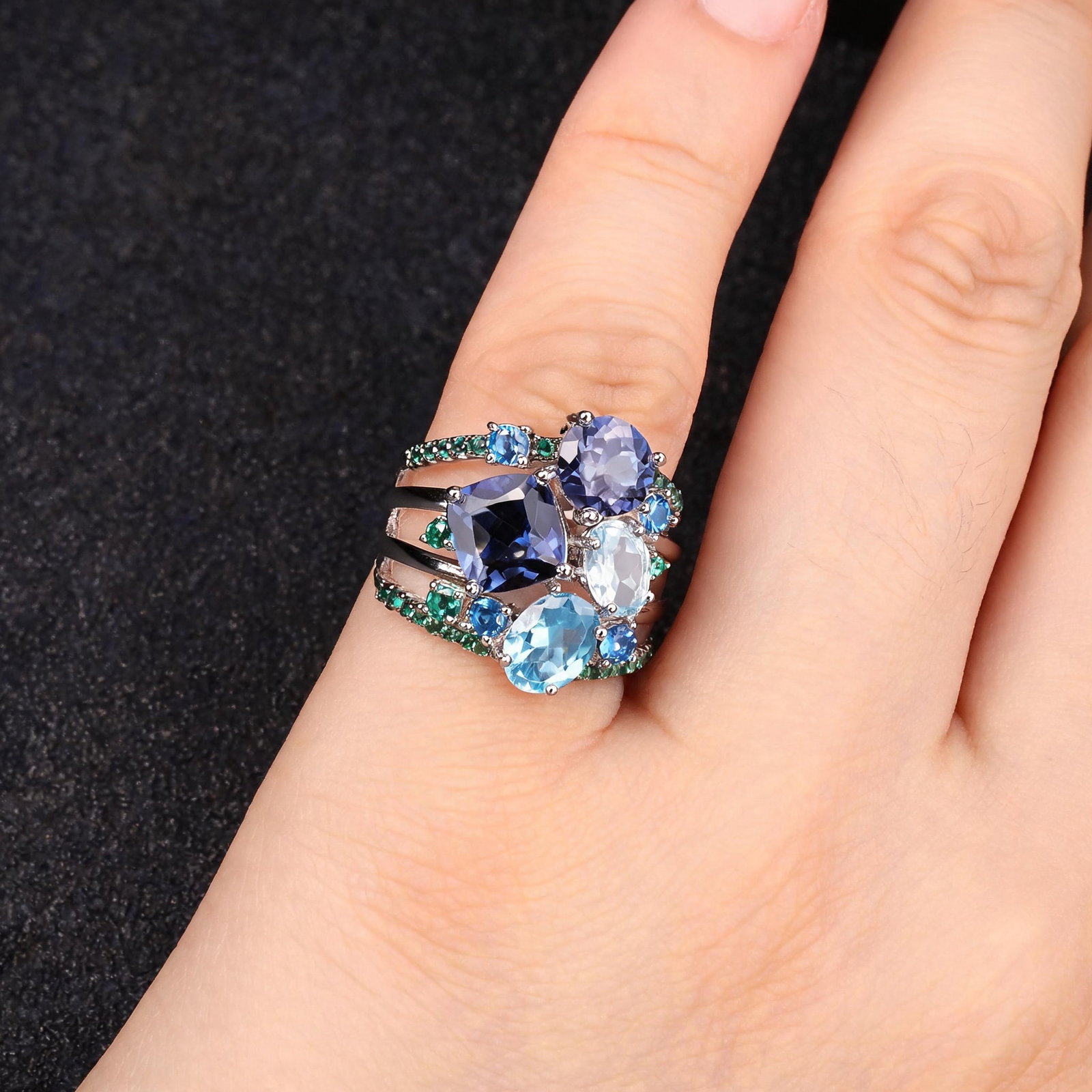 925 Sterling Silver Natural Mystic Quartz & Topaz & Nano Sapphire & Nano Emerald Ring - 3