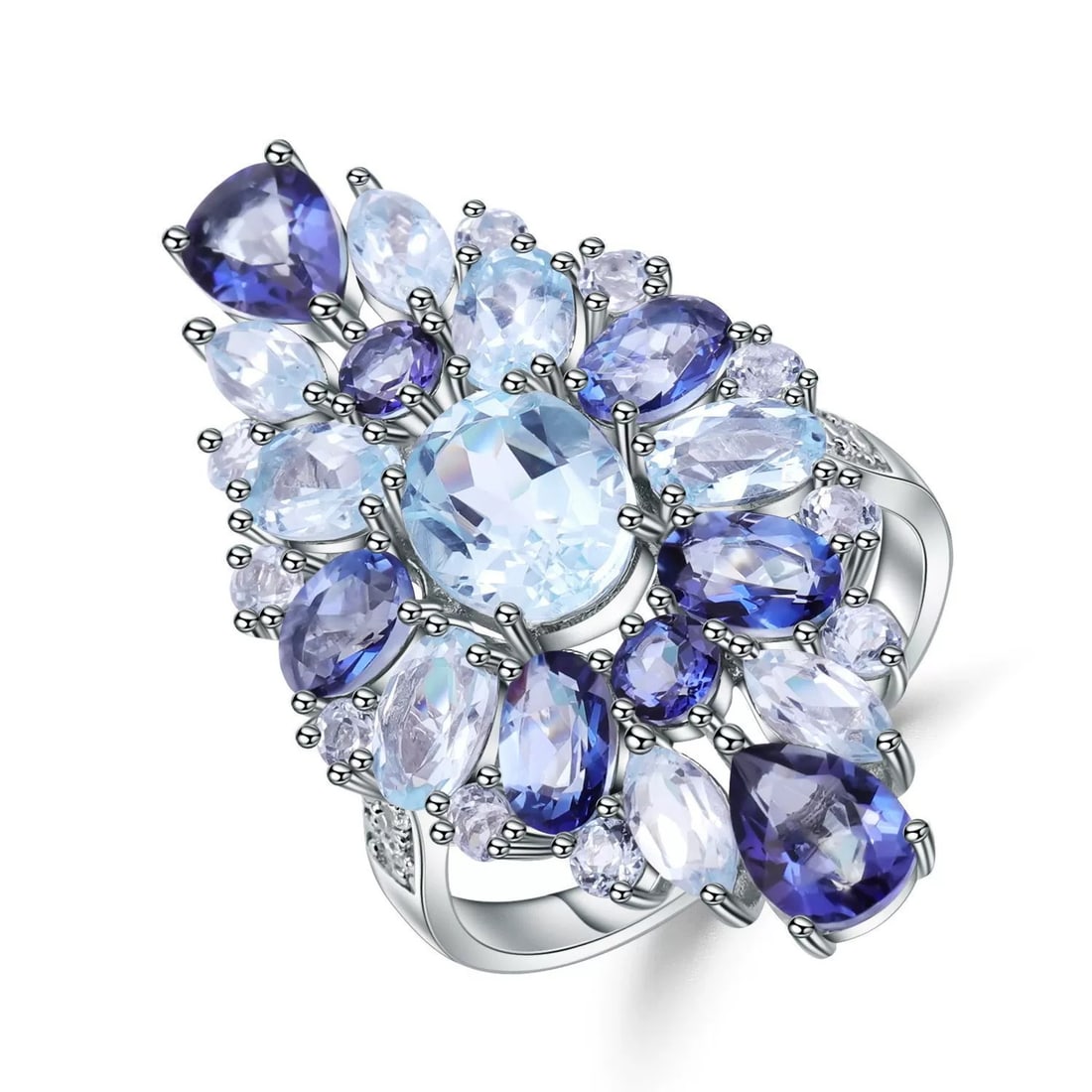 925 Sterling Silver Natural Topaz & Mystic Quartz & Cubic Zirconia Ring: Ref:260821010 // gold content:925 sterling silver // ring size:7. 25us // // main gemstone:topaz // shape:multiple // carat weight: // color:blue // treatment:natural // // adjacent gemstone 2 :
