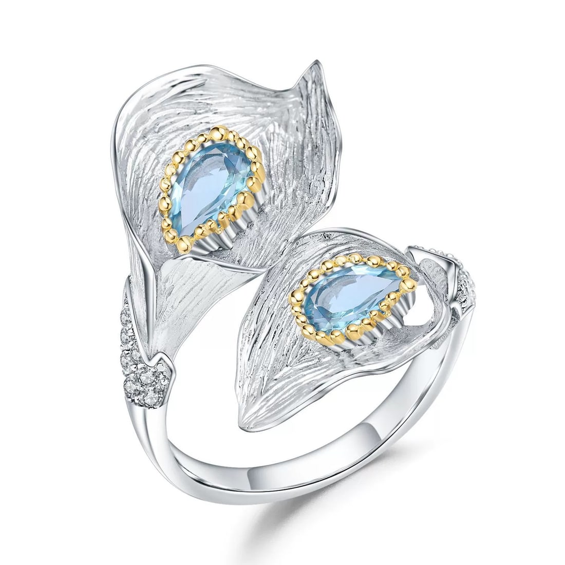 925 Sterling Silver 1.33 Ct Natural Topaz & Cubic Zirconia Ring: Ref:260821011 // gold content:925 sterling silver // ring size:7. 25us // // main gemstone:topaz // number of stones:2 // shape:pear // carat weight:1. 33ct // color:blue // treatment:natural // //