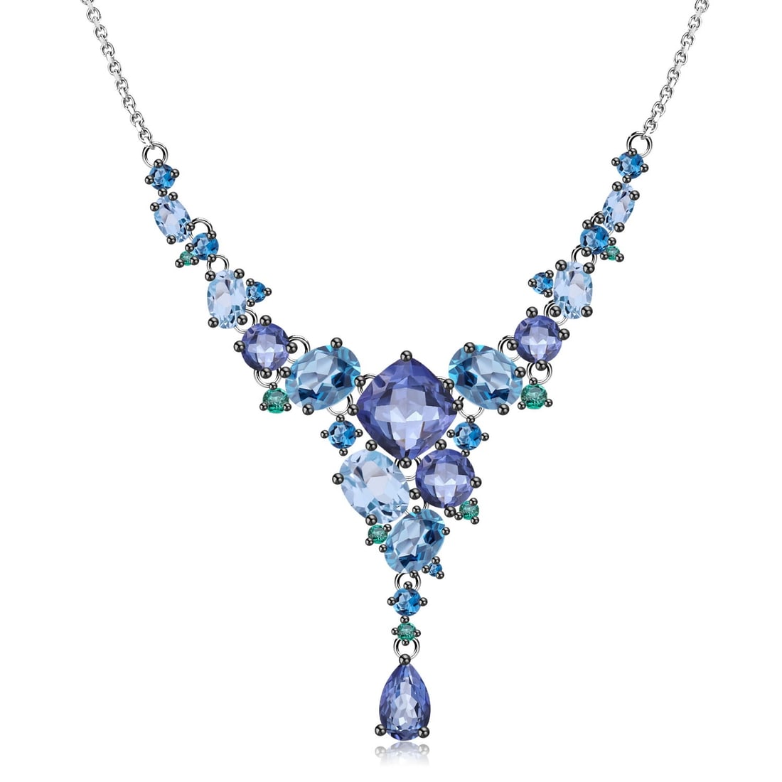 925 Sterling Silver Natural Mystic Quartz & Topaz & Nano Sapphire & Nano Emerald Necklace: Ref:260821012 // gold content:925 sterling silver // main gemstone:mystic quartz // shape:multiple // carat weight:0. 50ct // color:blue // treatment:natural // // adjacent gemstone 2 : topaz // shape