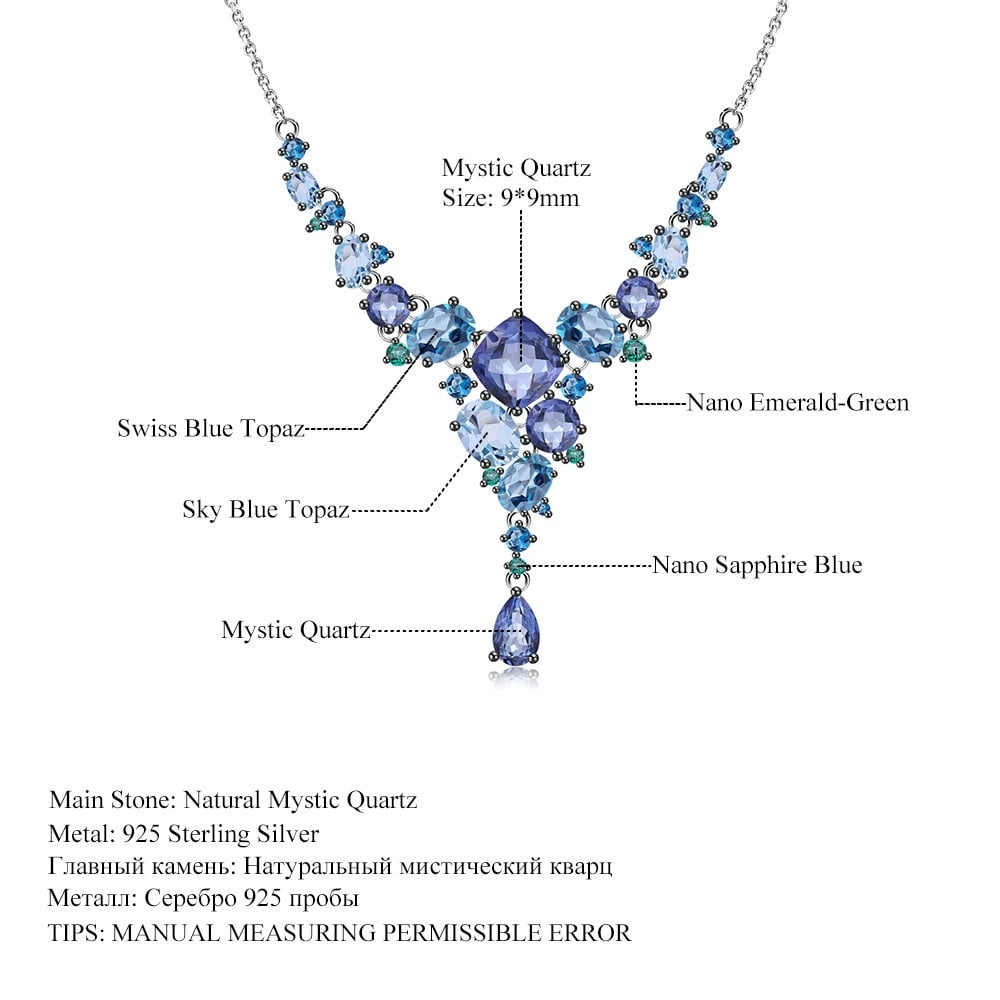 925 Sterling Silver Natural Mystic Quartz & Topaz & Nano Sapphire & Nano Emerald Necklace - 2