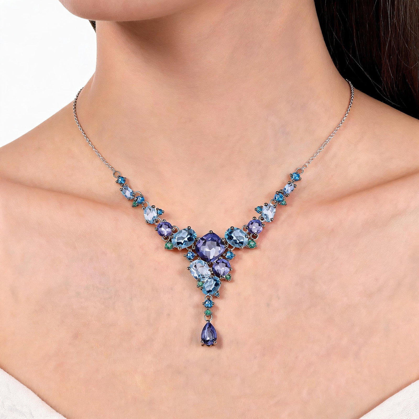 925 Sterling Silver Natural Mystic Quartz & Topaz & Nano Sapphire & Nano Emerald Necklace - 4