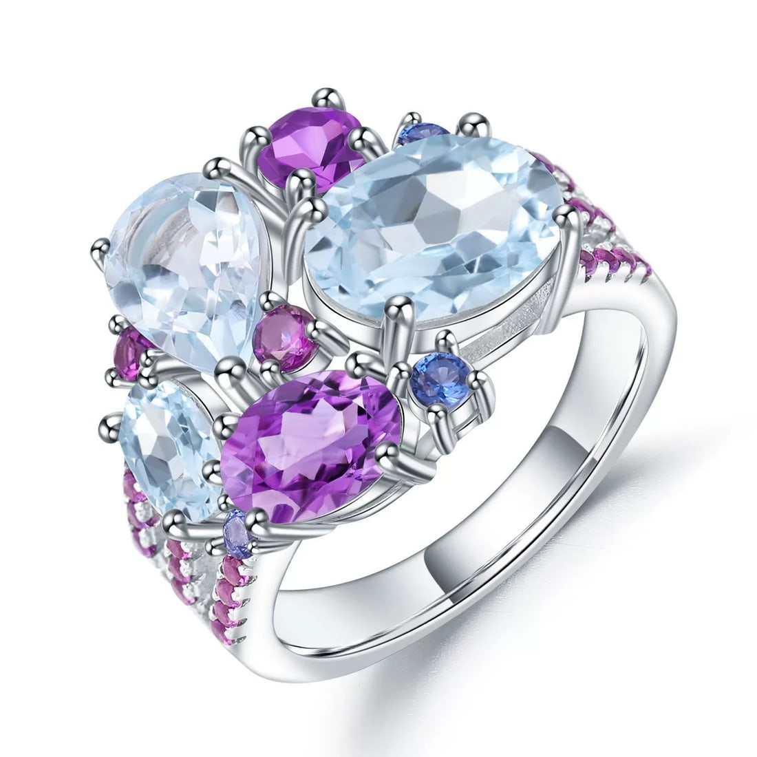 925 Sterling Silver Natural Topaz & Amethyst & Nano Sapphire Ring: Ref:260821013 // gold content:925 sterling silver // ring size:7. 25us // // main gemstone:topaz // number of stones:3 // shape:multiple // carat weight:0. 50ct // color:blue // treatment:natural //