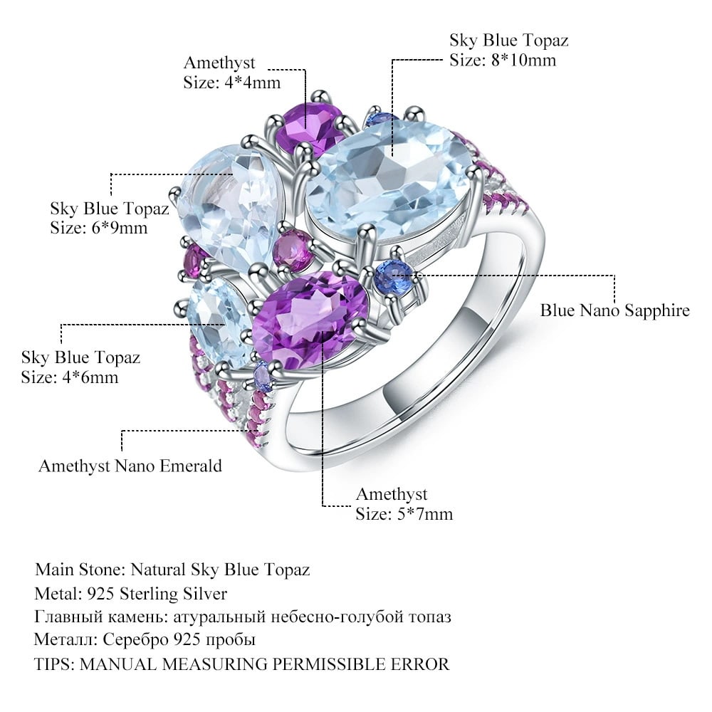 925 Sterling Silver Natural Topaz & Amethyst & Nano Sapphire Ring - 2
