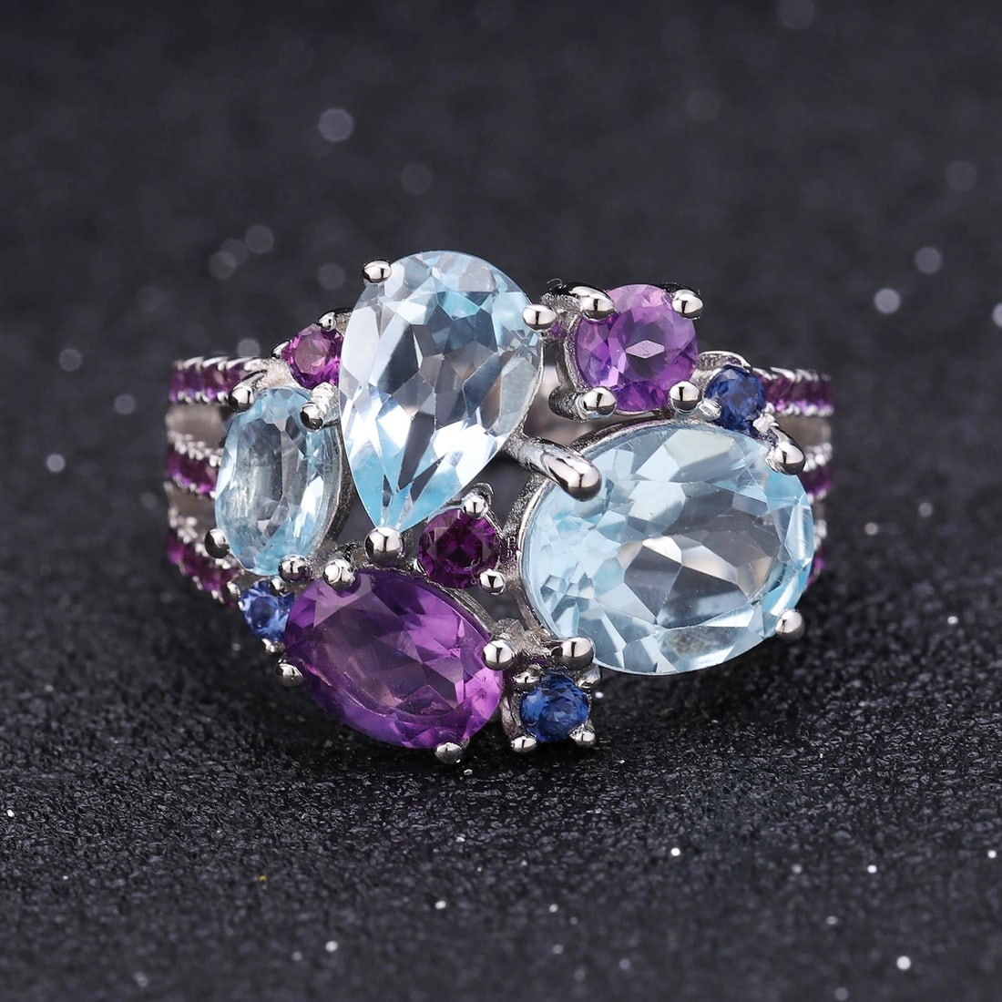 925 Sterling Silver Natural Topaz & Amethyst & Nano Sapphire Ring - 3