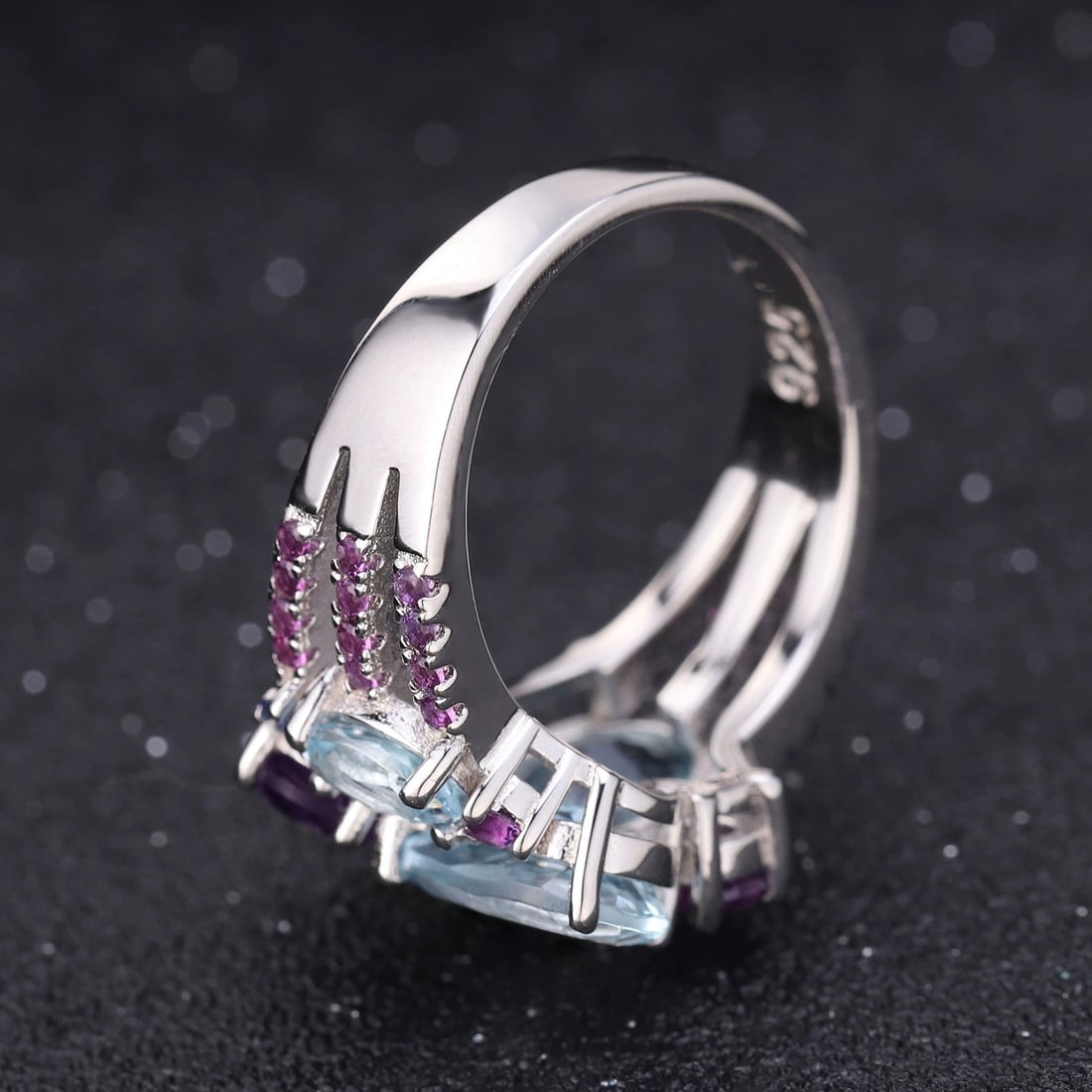 925 Sterling Silver Natural Topaz & Amethyst & Nano Sapphire Ring - 4