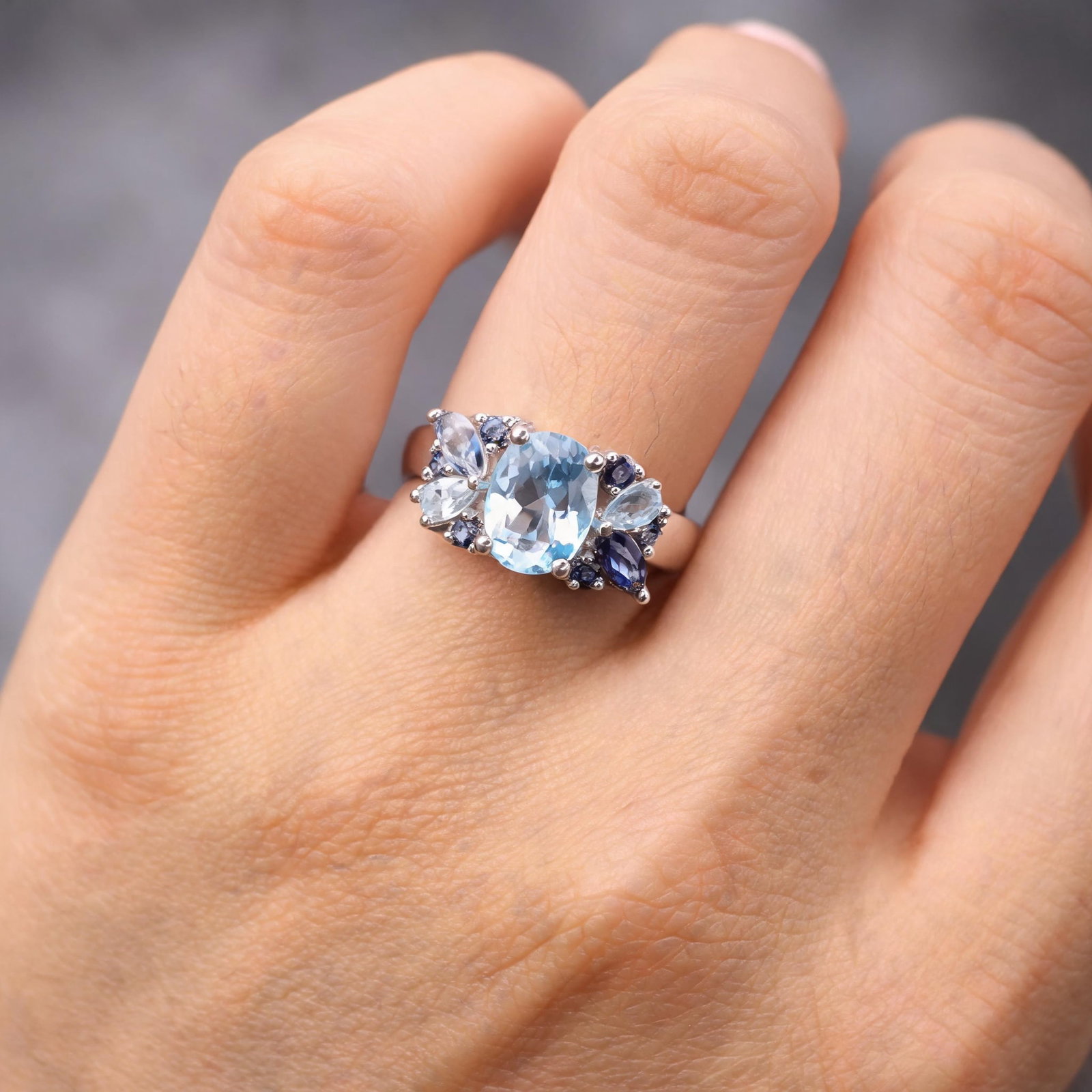 925 Sterling Silver Natural Topaz & Amethyst & Nano Sapphire Ring - 5