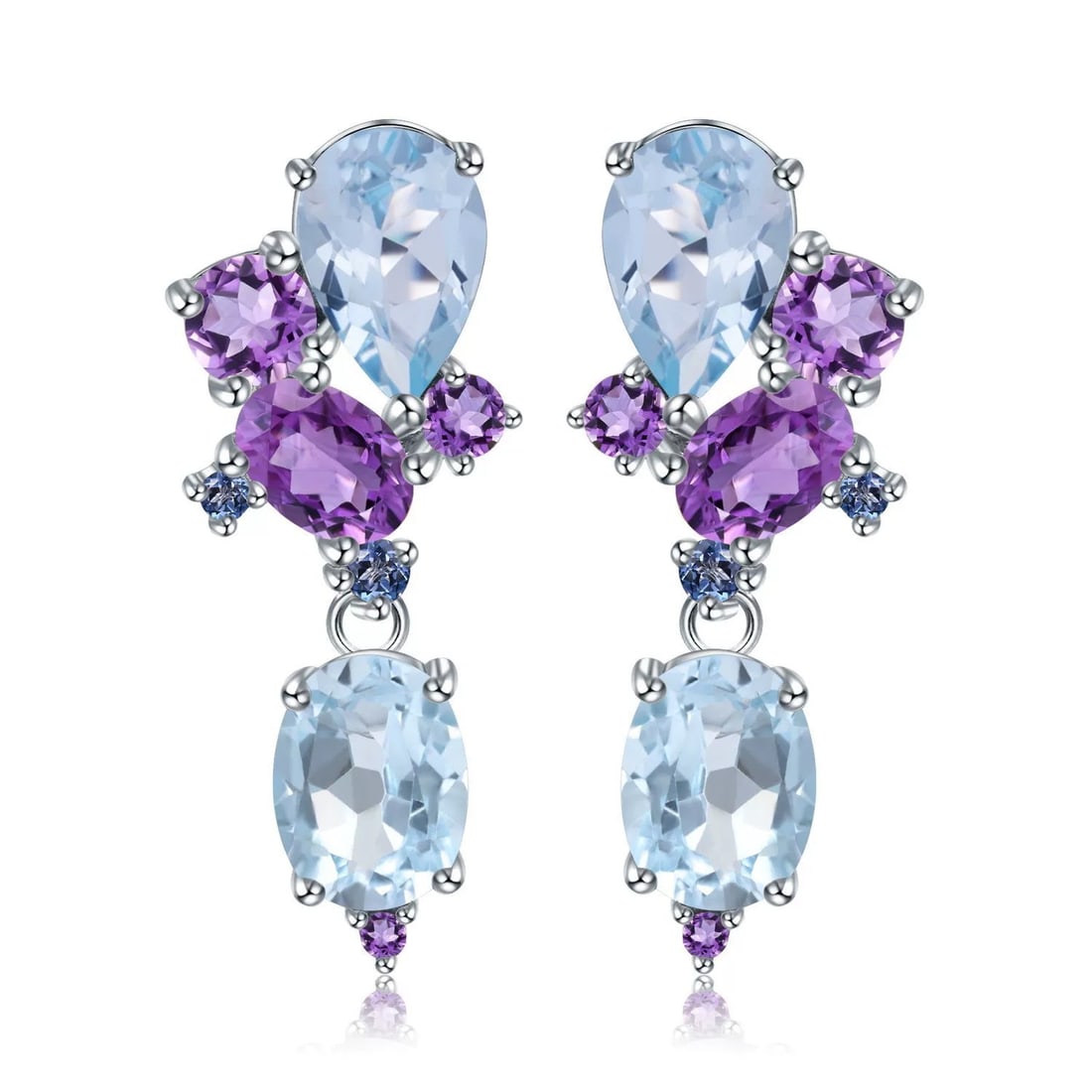 925 Sterling Silver Natural Topaz & Amethyst & Nano Sapphire Earrings: Ref:260821014 // gold content:925 sterling silver // main gemstone:topaz // number of stones:4 // shape:multiple // carat weight:0. 50ct // color:blue // treatment:natural // // adjacent gemstone 2 :