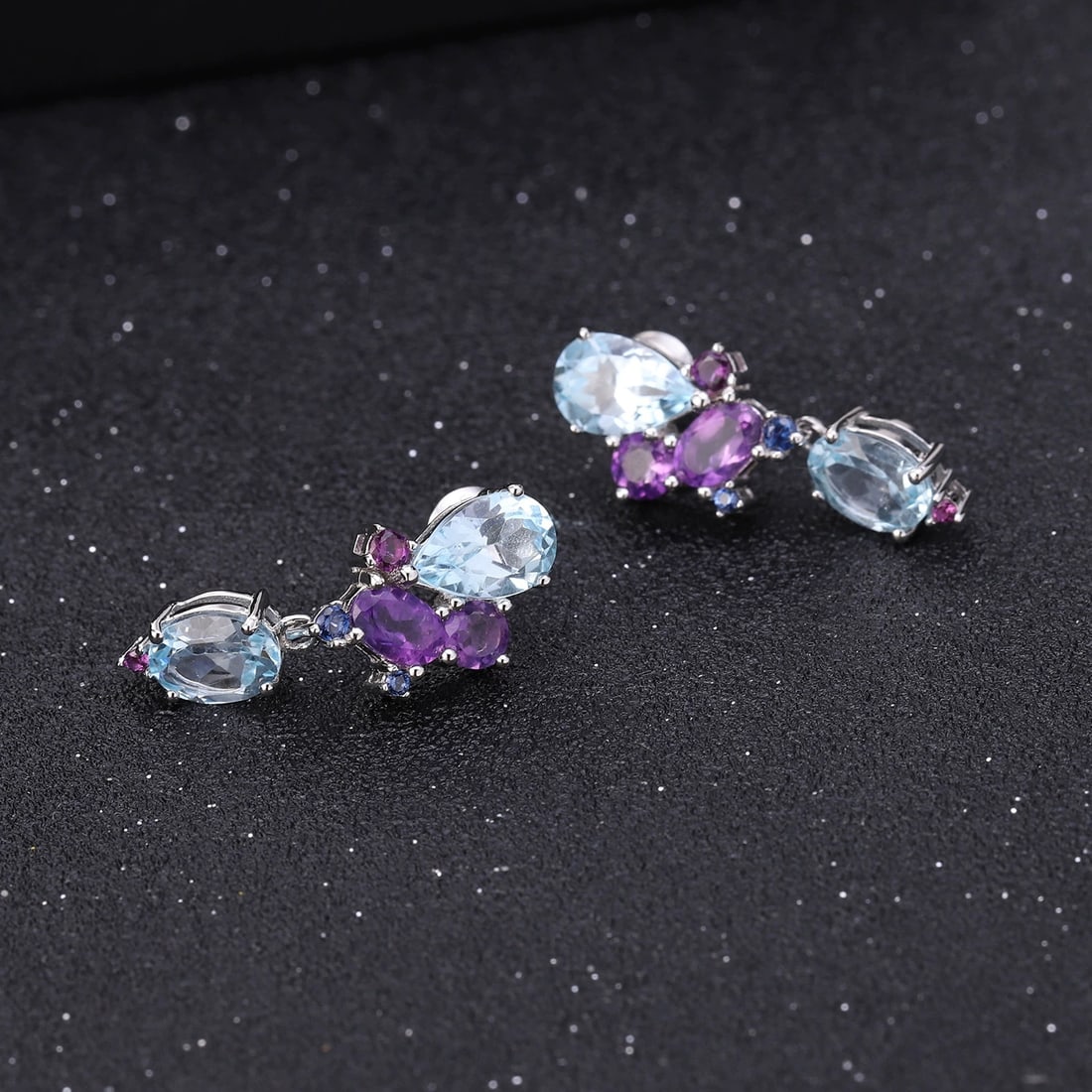 925 Sterling Silver Natural Topaz & Amethyst & Nano Sapphire Earrings - 2