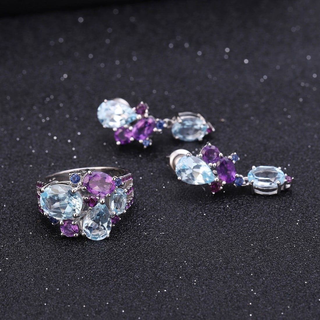 925 Sterling Silver Natural Topaz & Amethyst & Nano Sapphire Earrings - 3