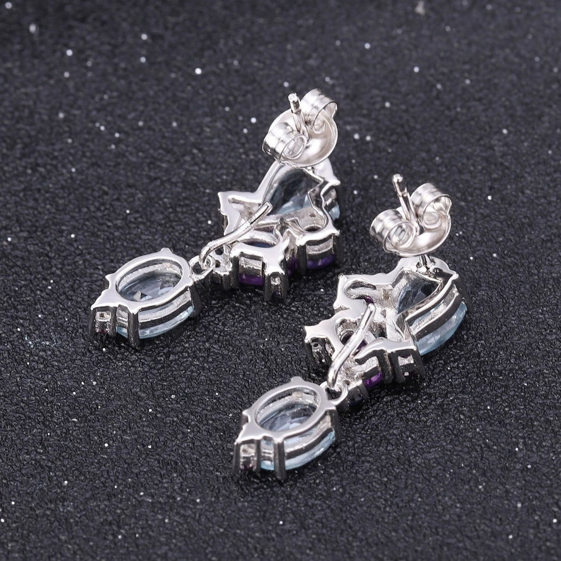 925 Sterling Silver Natural Topaz & Amethyst & Nano Sapphire Earrings - 4