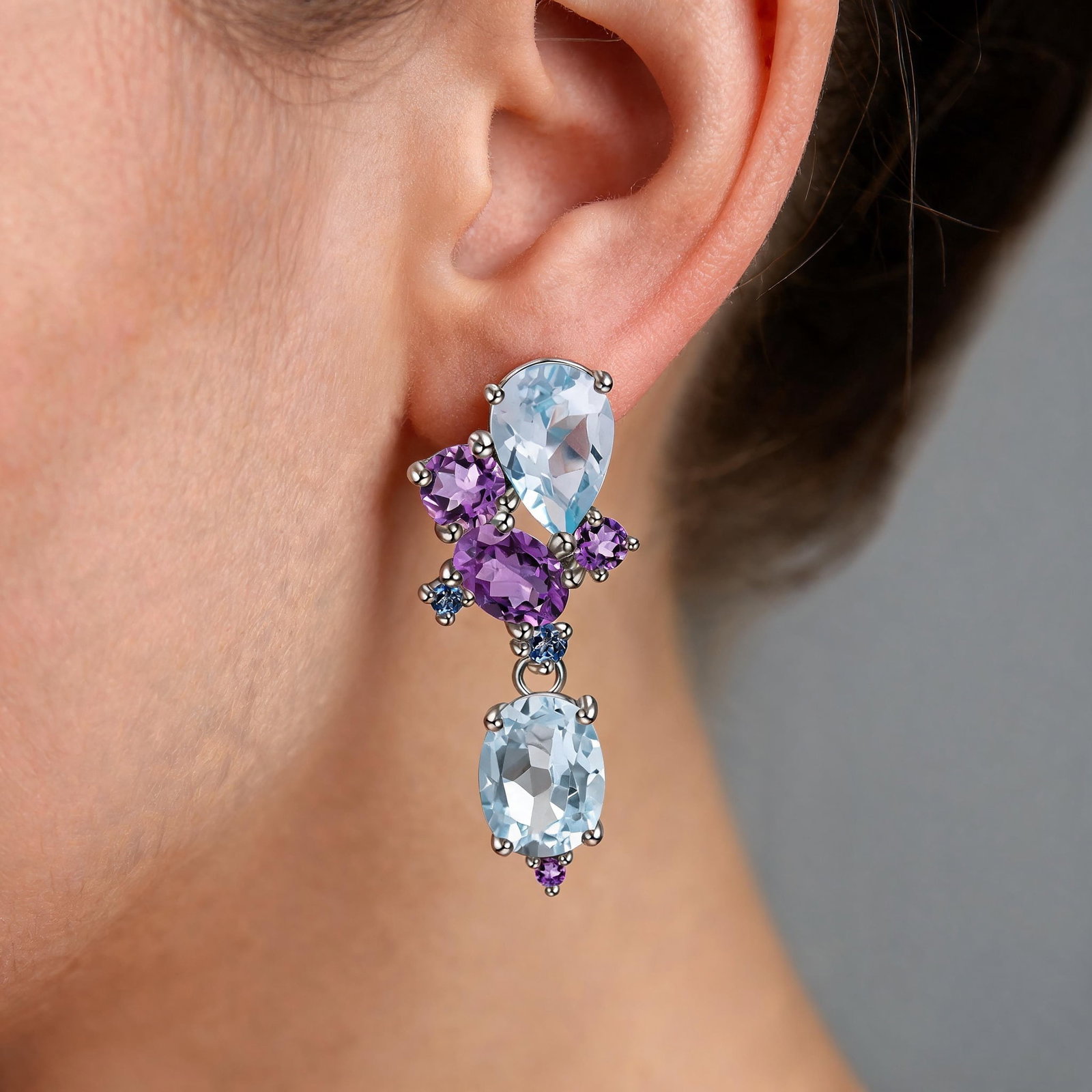 925 Sterling Silver Natural Topaz & Amethyst & Nano Sapphire Earrings - 5