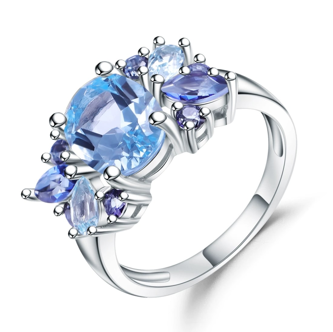 925 Sterling Silver Natural Topaz & Mystic Quartz Ring: Ref:260821016 // gold content:925 sterling silver // ring size:7. 25us // // main gemstone:topaz // shape:multiple // carat weight:0. 50ct // color:blue // treatment:natural // // adjacent gemstone 2