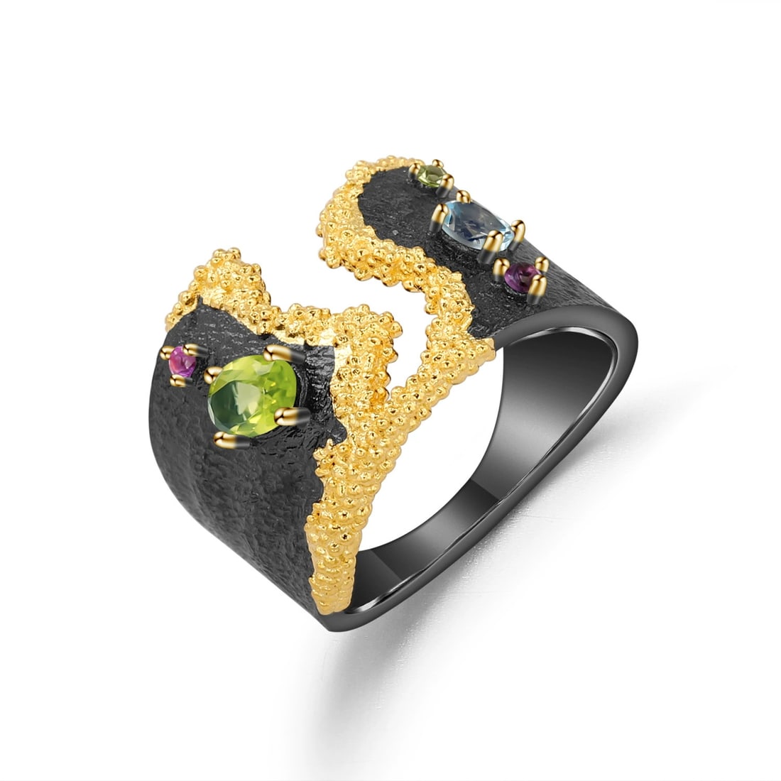 925 Sterling Silver Natural Peridot & Topaz & Synthetic Ruby & Amethyst Ring - 2