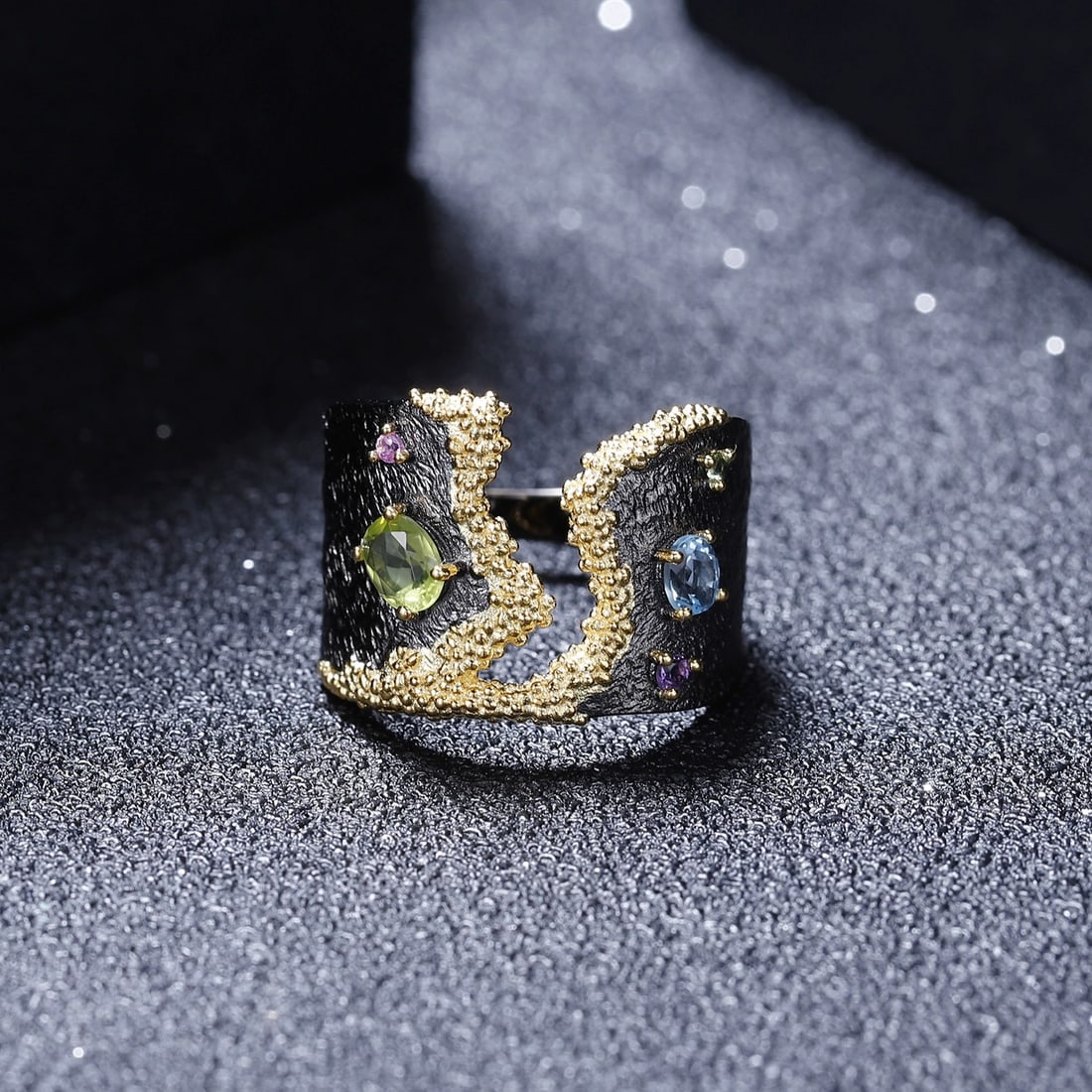 925 Sterling Silver Natural Peridot & Topaz & Synthetic Ruby & Amethyst Ring - 3