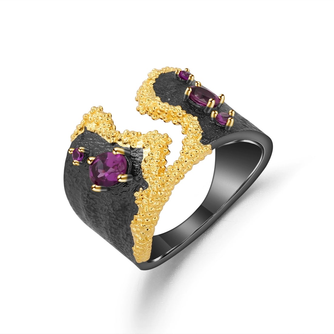 925 Sterling Silver Natural Peridot & Topaz & Synthetic Ruby & Amethyst Ring - 6