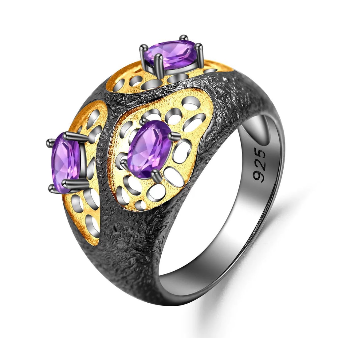 925 Sterling Silver Natural Amethyst Ring: Ref:260821022 // gold content:925 sterling silver // ring size:7. 25us // // main gemstone:amethyst // number of stones:3 // shape:oval // carat weight:0. 50ct // color:purple // treatment:natural //