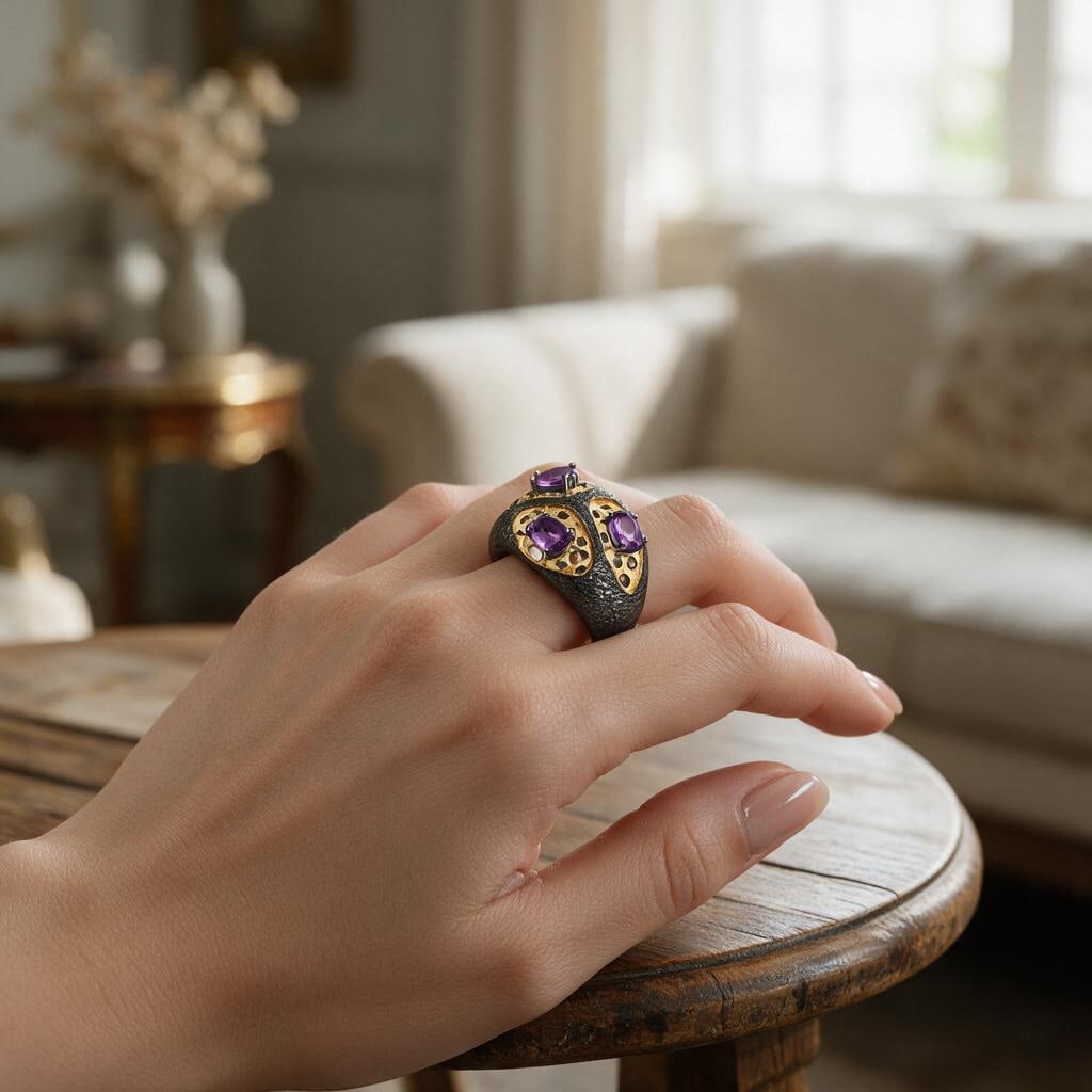 925 Sterling Silver Natural Amethyst Ring - 6