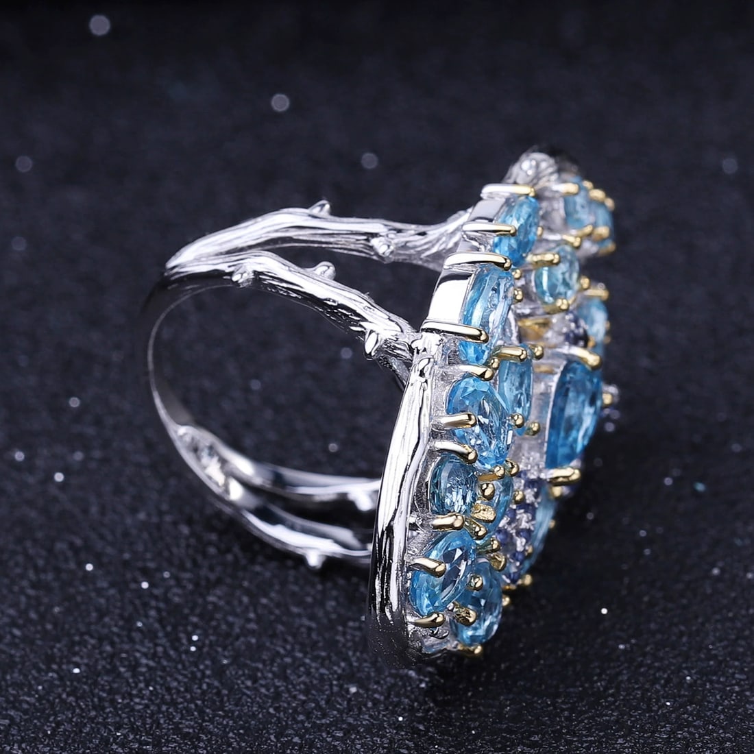 925 Sterling Silver Natural Topaz & Nano Sapphire & Cubic Zirconia Ring - 2