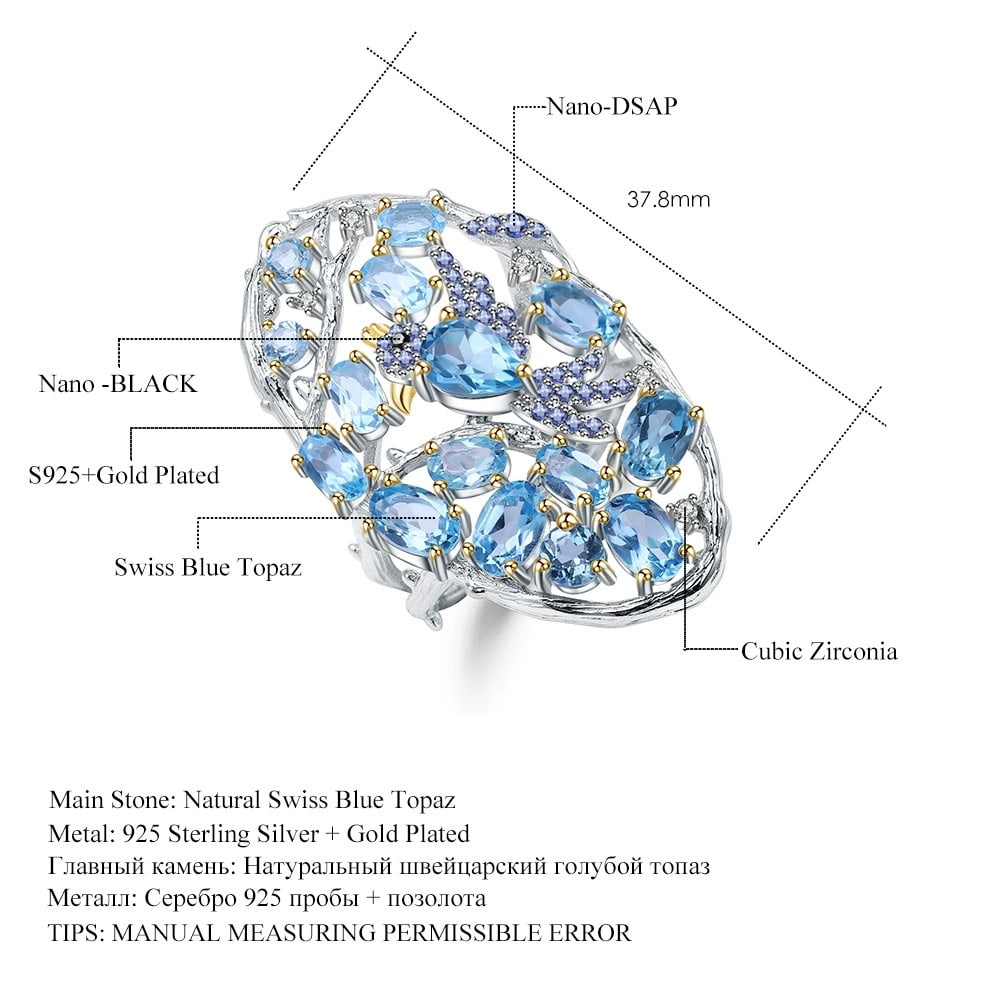 925 Sterling Silver Natural Topaz & Nano Sapphire & Cubic Zirconia Ring - 3