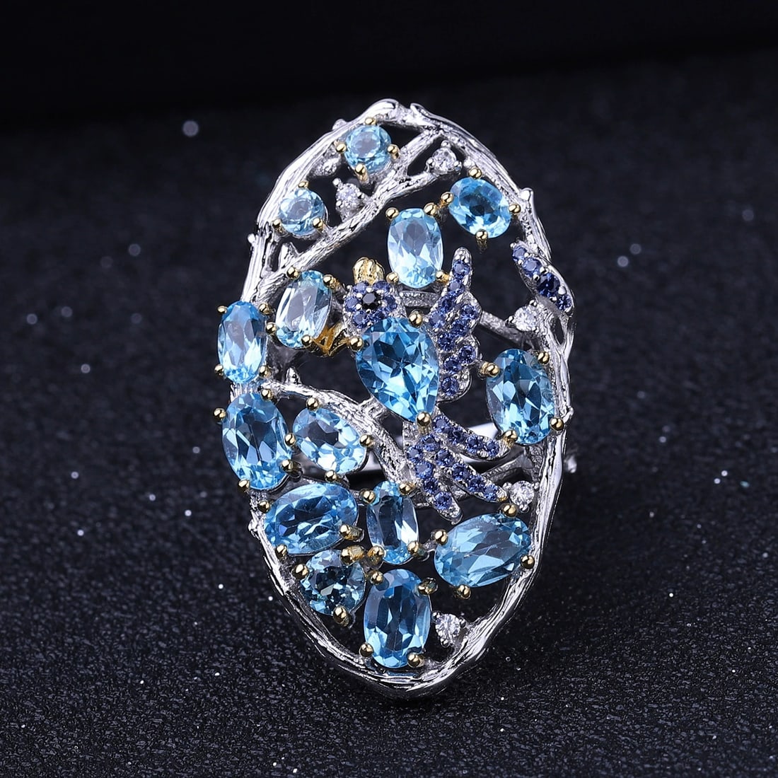 925 Sterling Silver Natural Topaz & Nano Sapphire & Cubic Zirconia Ring - 6