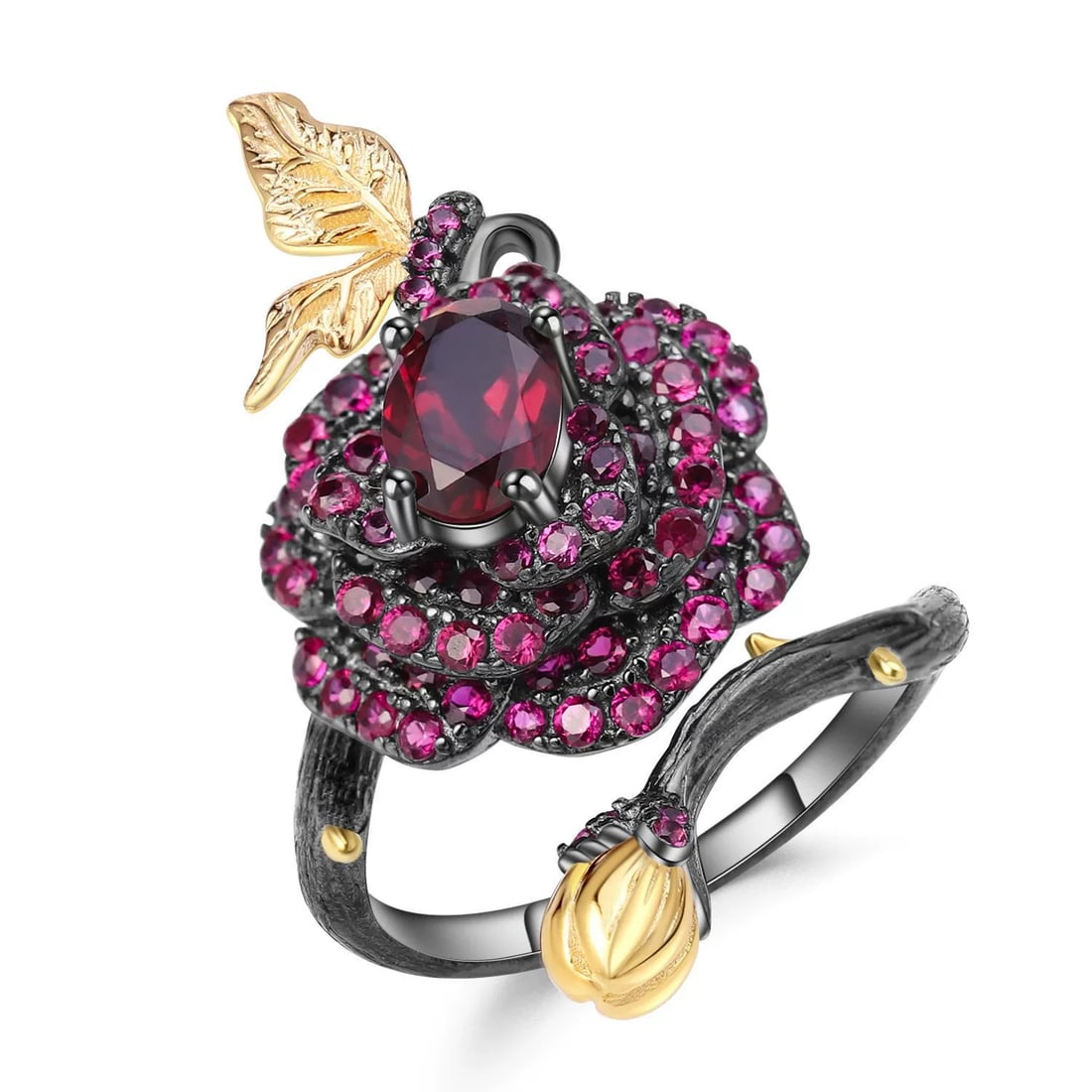 925 Sterling Silver 1.00 Ct Natural Rhodolite Garnet & Lab Created Ruby & Flowers Ring: Ref:260821025 // gold content:925 sterling silver // ring size:7. 25us // // main gemstone:rhodolite garnet // number of stones:1 // shape:oval // carat weight:1. 00ct // color:red //