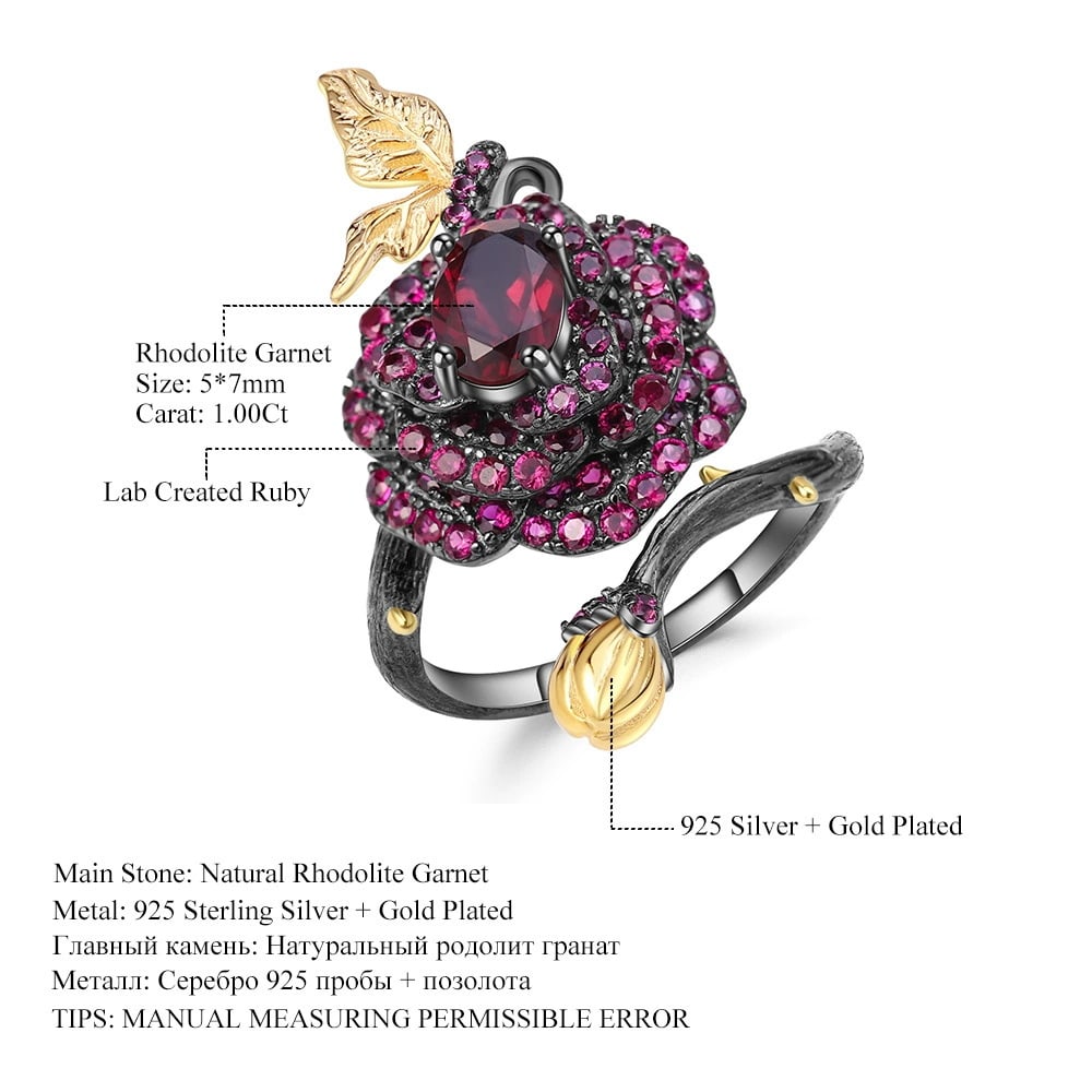 925 Sterling Silver 1.00 Ct Natural Rhodolite Garnet & Lab Created Ruby & Flowers Ring - 2