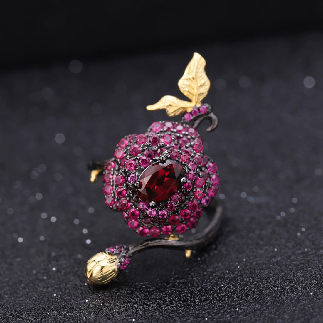 925 Sterling Silver 1.00 Ct Natural Rhodolite Garnet & Lab Created Ruby & Flowers Ring - 3