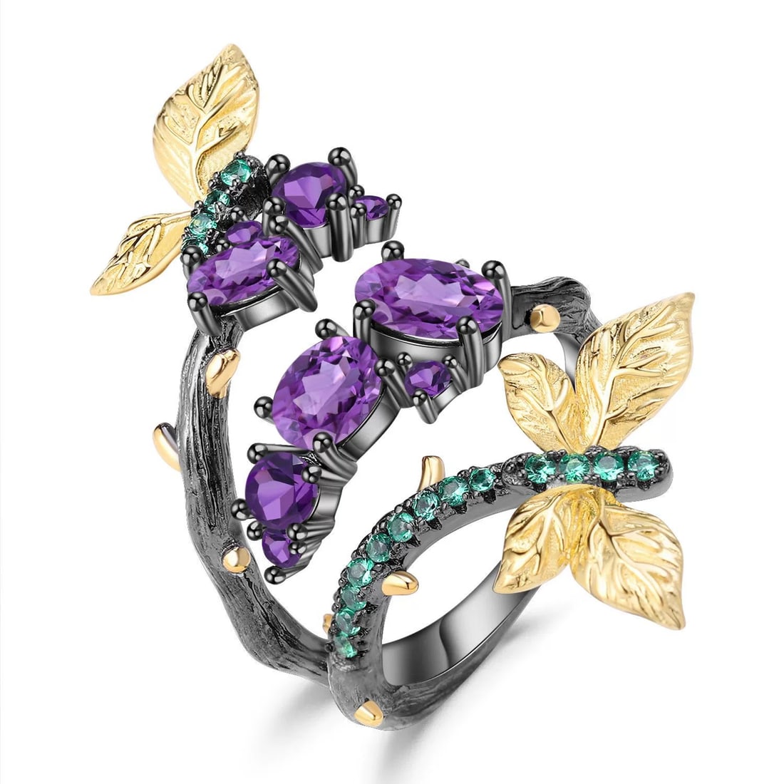925 Sterling Silver Natural Amethyst & Nano Emerald Ring: Ref:260821026 // gold content:925 sterling silver // ring size:7. 25us // // main gemstone:amethyst // shape:multiple // carat weight:0. 50ct // color:purple // treatment:natural // // adjacent