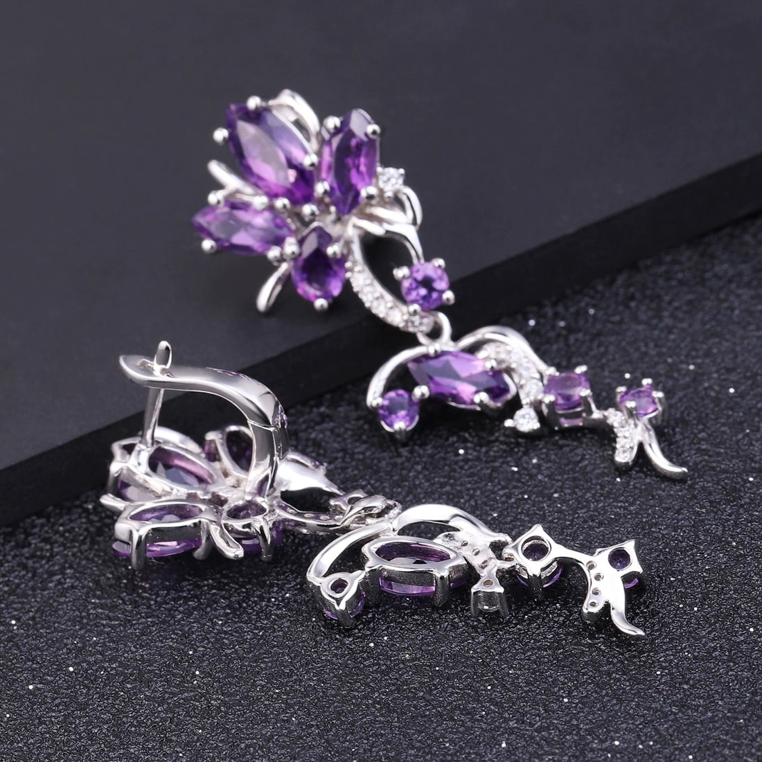 925 Sterling Silver Natural Amethyst & Cubic Zirconia Earrings - 2