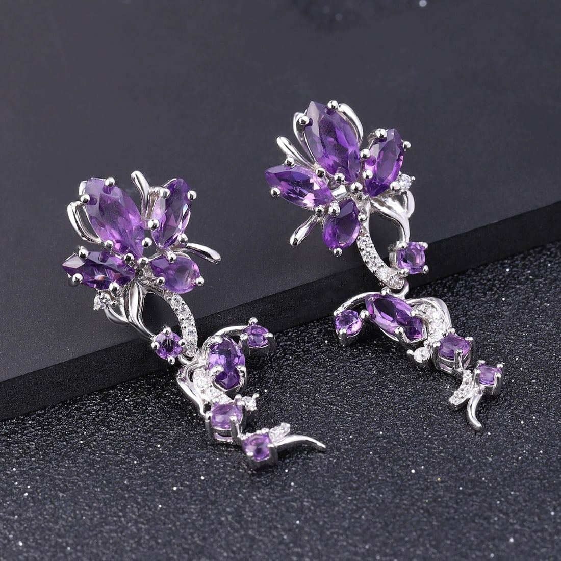 925 Sterling Silver Natural Amethyst & Cubic Zirconia Earrings - 4