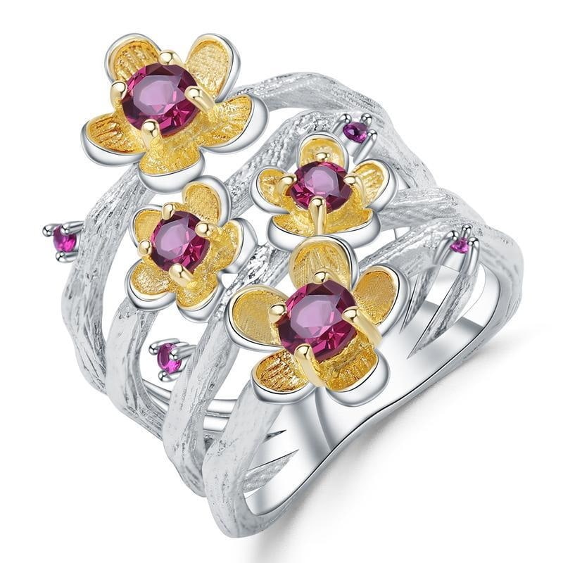 925 Sterling Silver Natural Rhodolite Garnet & Synthetic Ruby & Flowers Ring: Ref:260821030 // gold content:925 sterling silver // ring size:7. 25us // // main gemstone:rhodolite garnet // shape:oval // carat weight: // color:red // treatment:natural // // adjacent gemstone 2