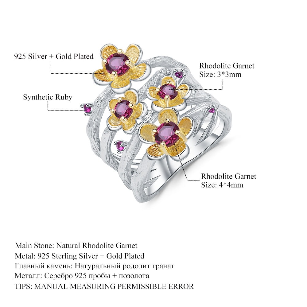 925 Sterling Silver Natural Rhodolite Garnet & Synthetic Ruby & Flowers Ring - 2