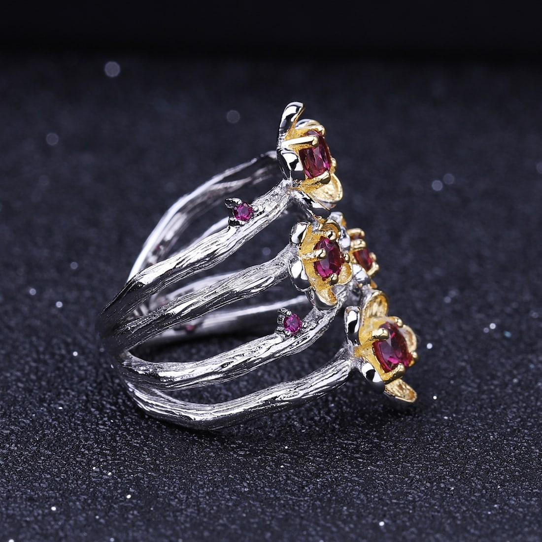 925 Sterling Silver Natural Rhodolite Garnet & Synthetic Ruby & Flowers Ring - 3