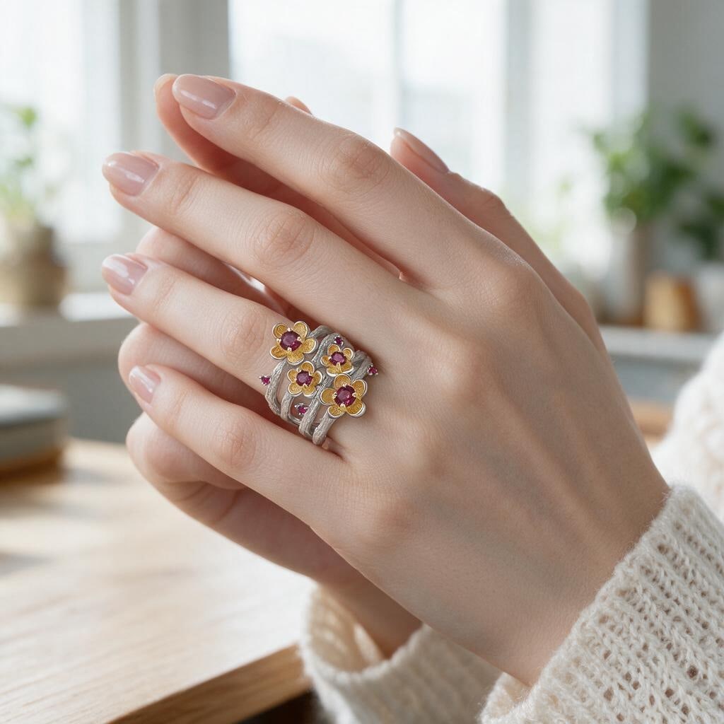 925 Sterling Silver Natural Rhodolite Garnet & Synthetic Ruby & Flowers Ring - 4