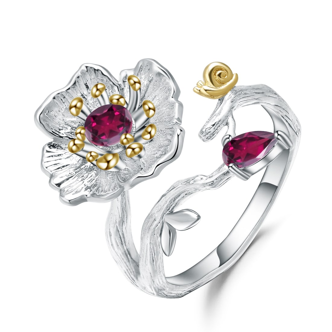 925 Sterling Silver Natural Garnet & Flowers Ring: Ref:260821031 // gold content:925 sterling silver // ring size:7. 25us // // main gemstone:garnet // number of stones:2 // shape:multiple // carat weight:0. 50ct // color:red // treatment:natural // C