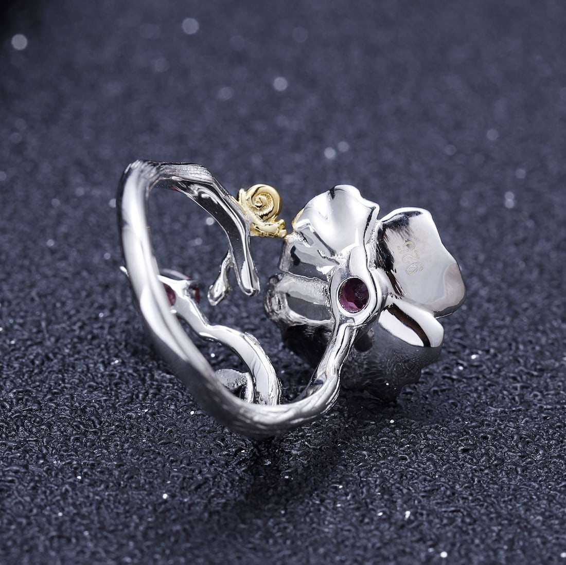 925 Sterling Silver Natural Garnet & Flowers Ring - 3