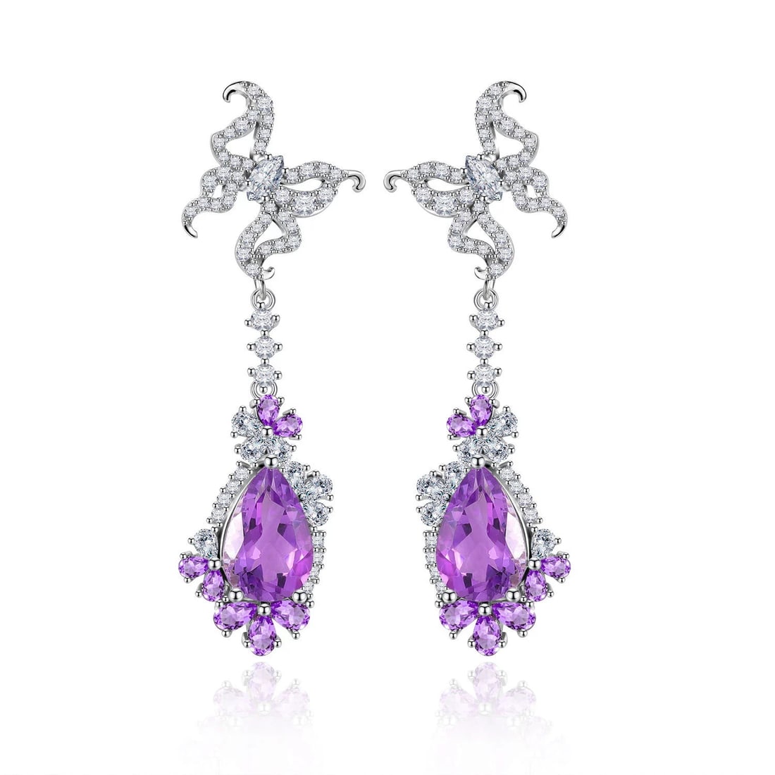 925 Sterling Silver Natural Amethyst & Cubic Zirconia Earrings: Ref:260821033 // gold content:925 sterling silver // main gemstone:amethyst // shape:multiple // carat weight:0. 50ct // color:purple // treatment:natural // // adjacent gemstone 2 : cubic zirconia