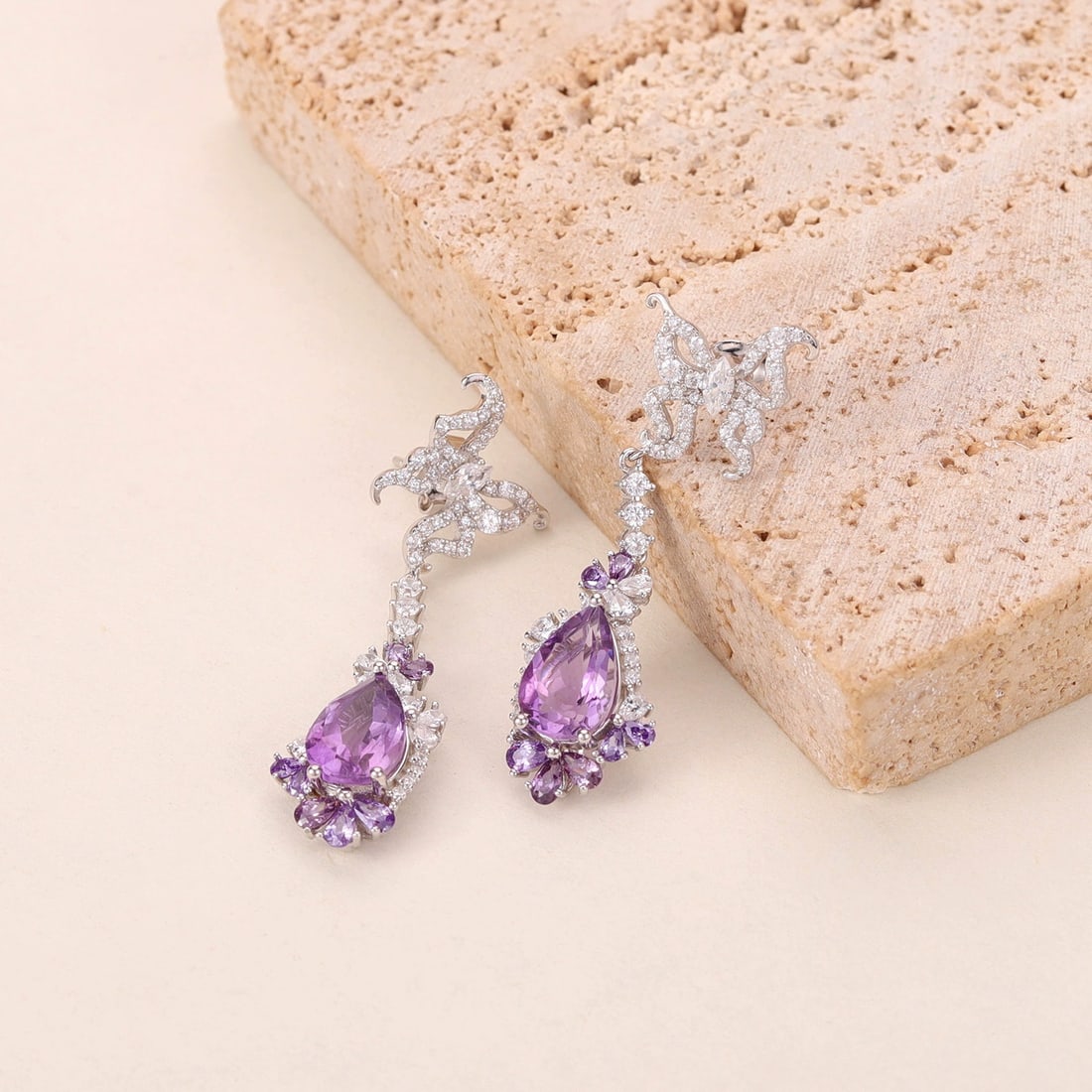 925 Sterling Silver Natural Amethyst & Cubic Zirconia Earrings - 2