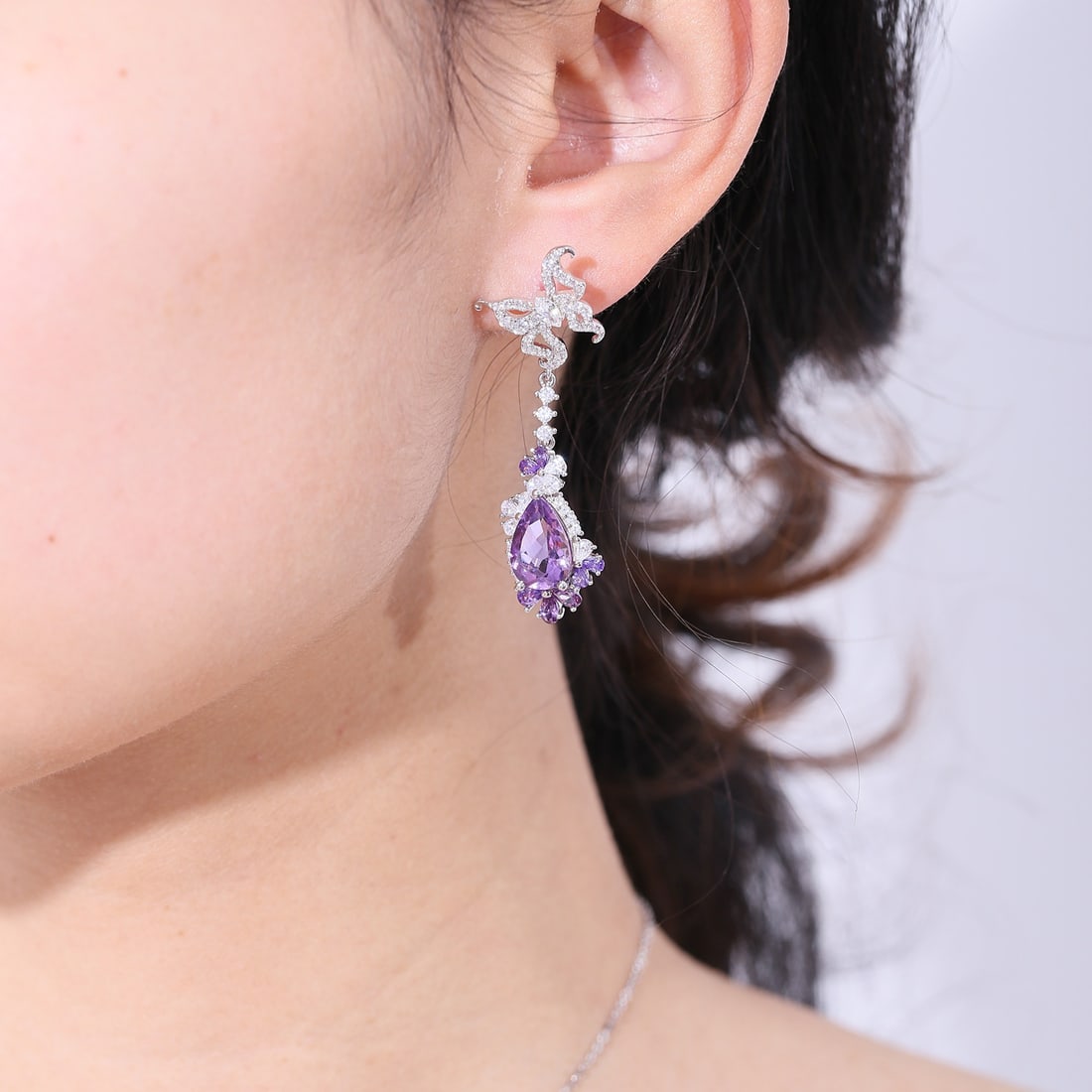 925 Sterling Silver Natural Amethyst & Cubic Zirconia Earrings - 4
