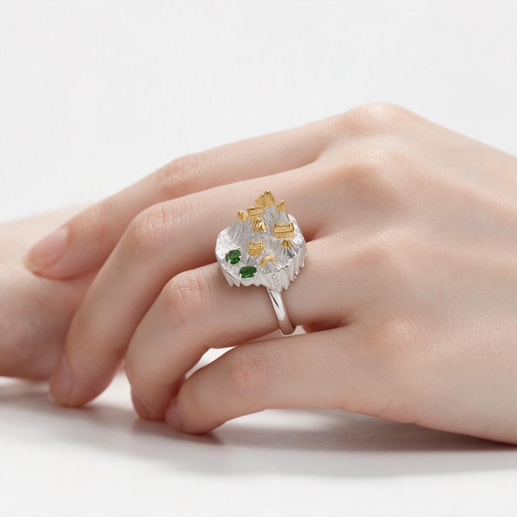 925 Sterling Silver Natural Chrome Diopside & Cubic Zirconia Ring - 7
