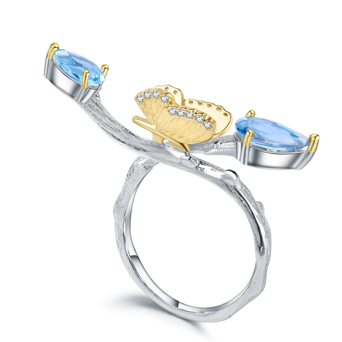 925 Sterling Silver 1.33 Ct Natural Topaz & Cubic Zirconia Ring: Ref:260821036 // gold content:925 sterling silver // ring size:7. 25us // // main gemstone:topaz // number of stones:2 // shape:pear // carat weight:1. 33ct // color:blue // treatment:natural // //