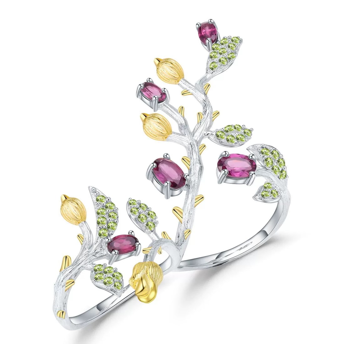 925 Sterling Silver Natural Rhodolite Garnet & Peridot Ring: Ref:260821037 // gold content:925 sterling silver // ring size:7. 25us // // main gemstone:rhodolite garnet // shape:oval // carat weight:0. 50ct // color:red // treatment:natural // // adjacent