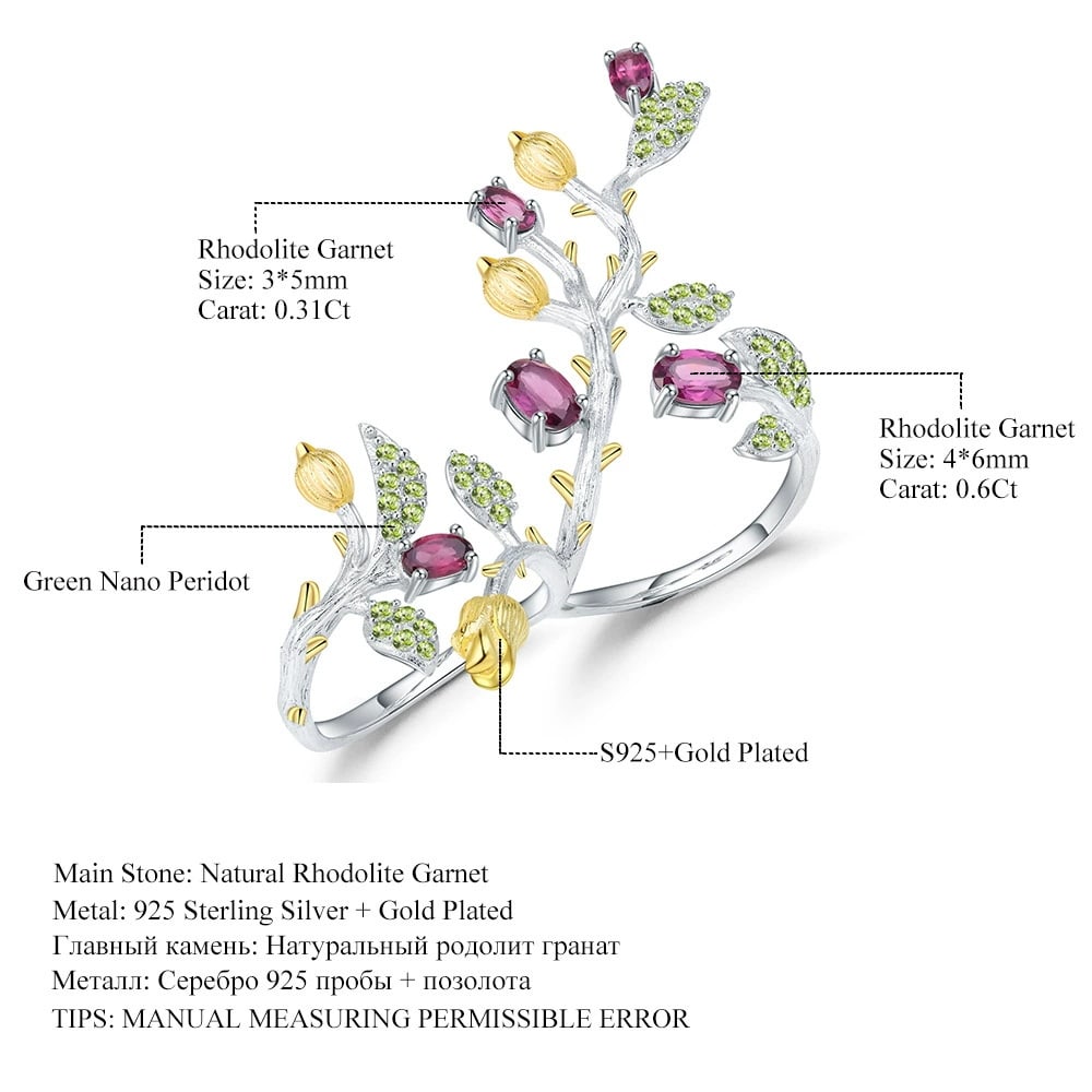 925 Sterling Silver Natural Rhodolite Garnet & Peridot Ring - 2