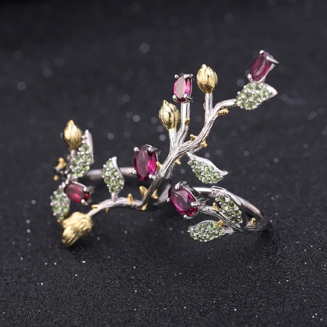 925 Sterling Silver Natural Rhodolite Garnet & Peridot Ring - 3