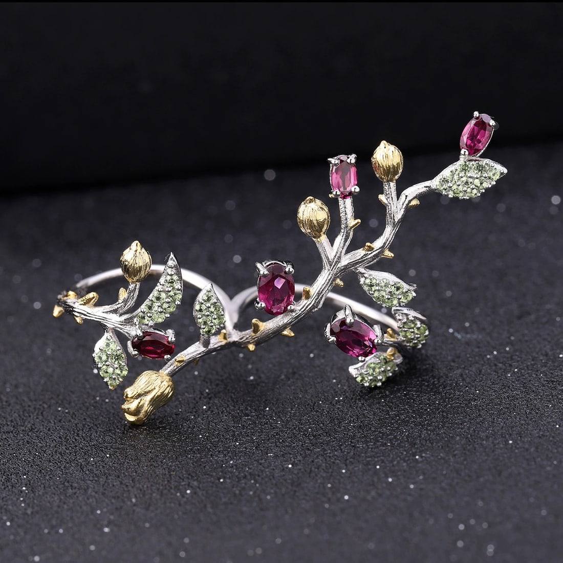 925 Sterling Silver Natural Rhodolite Garnet & Peridot Ring - 4