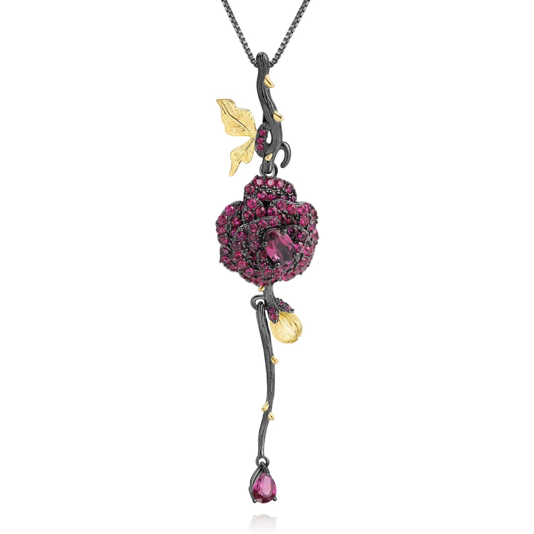 925 Sterling Silver Natural Rhodolite Garnet & Lab Created Ruby & Flowers Necklace: Ref:260821040 // gold content:925 sterling silver // main gemstone:rhodolite garnet // shape:multiple // carat weight: // color:red // treatment:natural // // adjacent gemstone 2 : lab created ruby