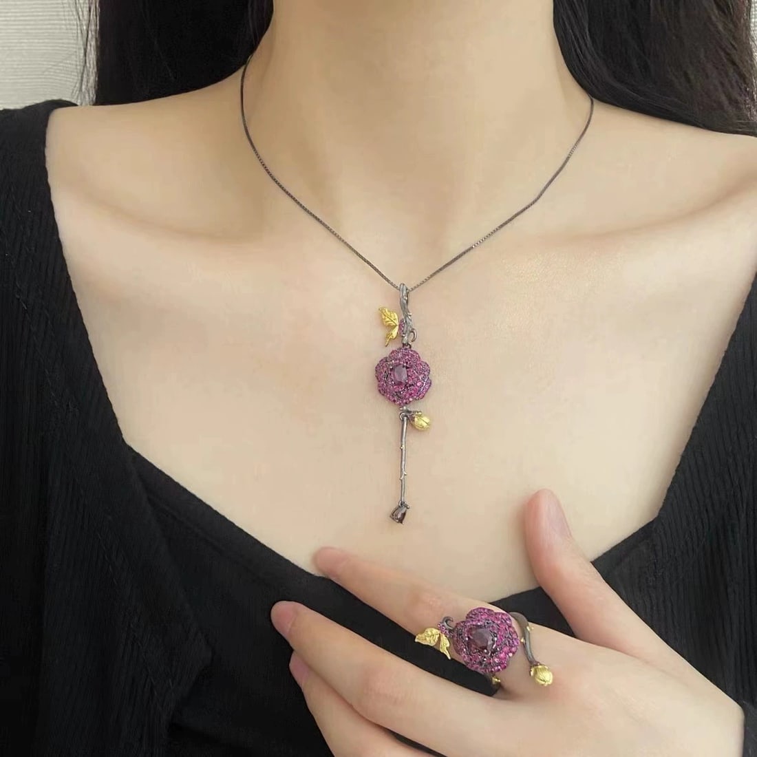 925 Sterling Silver Natural Rhodolite Garnet & Lab Created Ruby & Flowers Necklace - 3